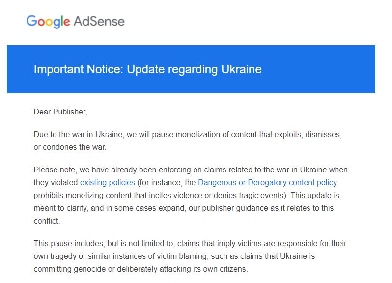 AdSense message about war in Ukraine.JPG